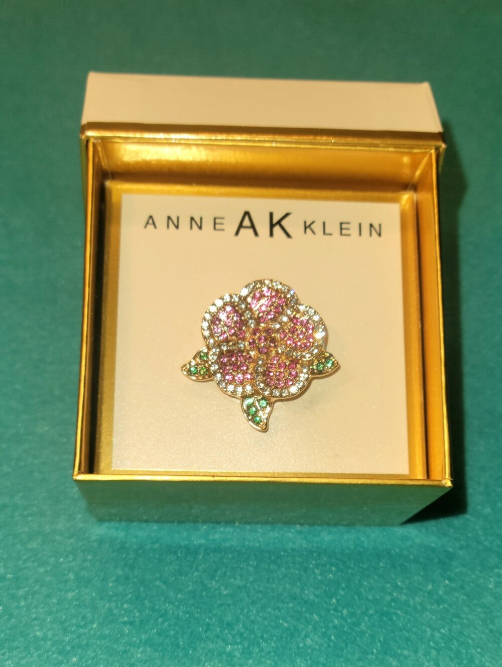 Anne Klein Pink and Green Crystal Floral Brooch Pin